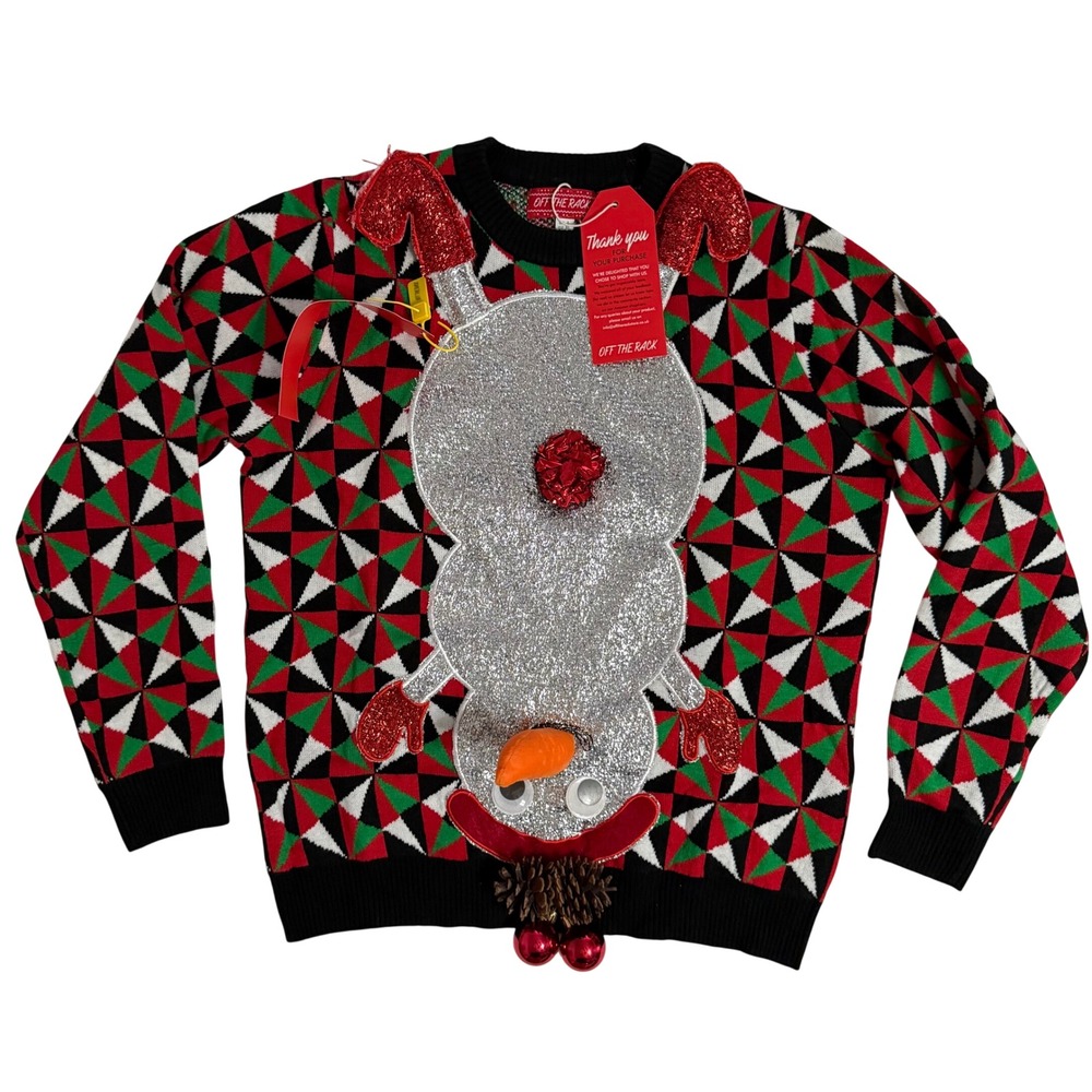 Off The Rack Ugly Christmas Sweater Mens Large Red Green Snowman NWT 3D Novelty
